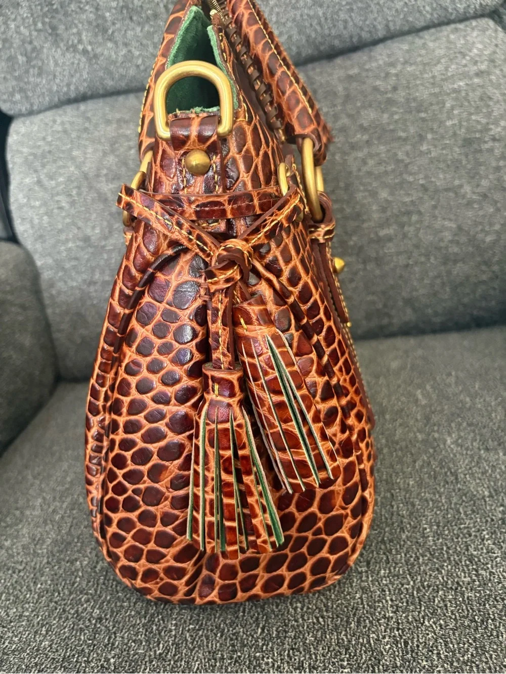 Dooney & Bourke Brown Croco Fino Croc-Embossed Satchel with Gold Hardware